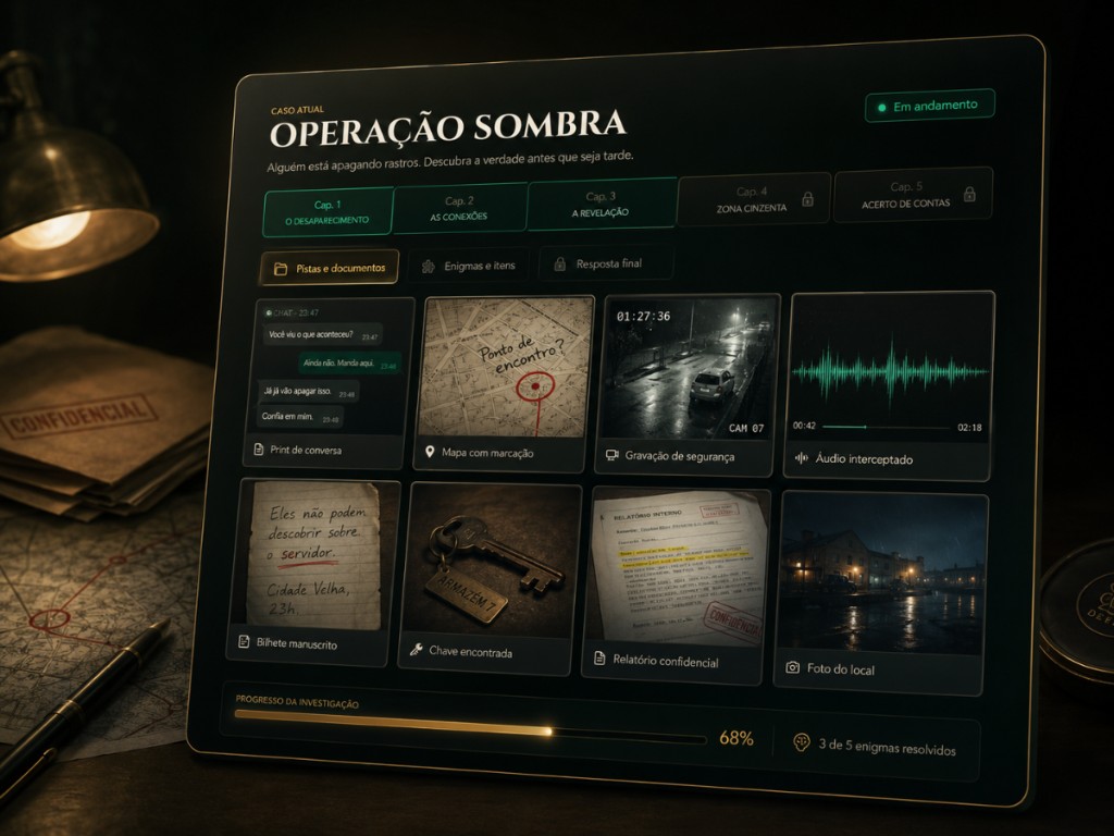 Painel do jogo Operação Sombra com capítulos, pistas, documentos e progresso da investigação